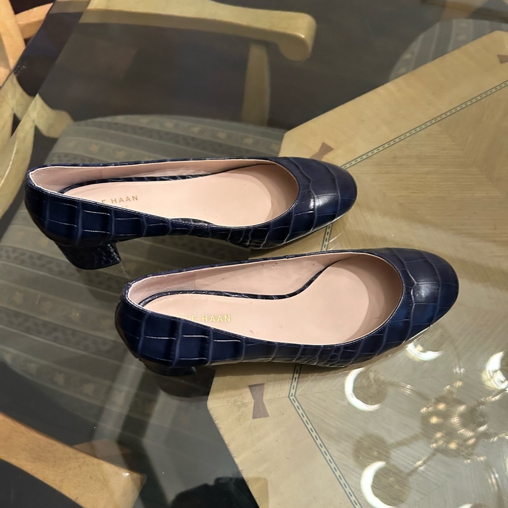 Blue alligators Cole Haan leather day heels.